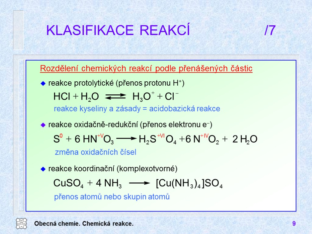 Obecná chemie. Chemická reakce. 9 KLASIFIKACE REAKCÍ /7 Rozdělení chemických reakcí podle přenášených částic